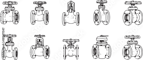 Collection of Industrial Valves: Globe, Gate, and Ball Valve Illustrations