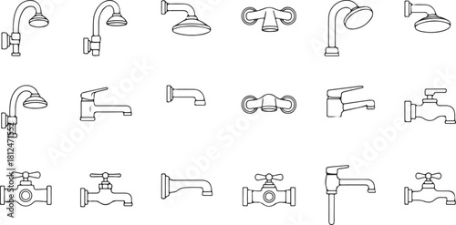 Collection of Line Art Icons: Showers, Faucets, and Taps for Plumbing and Bathroom Design