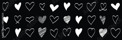 Hand drawn linear hearts set. Various brush, chalk, marker, ink drawn heart shapes. Artistic lines, outlines Valentine's day uneven, textured edge doodle templates.  wedding cards love symbols romance