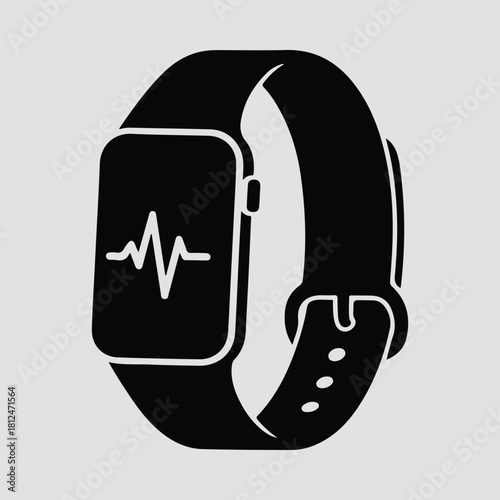 Silhouette smartwatch with heartbeat rate app isolated vector illustration