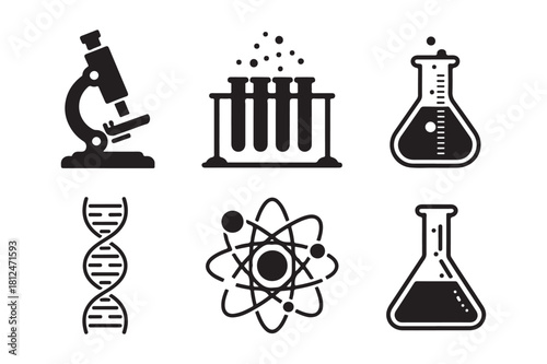 Science icons featuring microscope dna atom and flasks