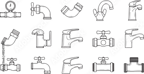 Collection of Plumbing Fixtures and Pipe Fittings in Line Art Style