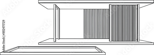 Architectural sketch of a modern pavilion with vertical slats and a separate base element