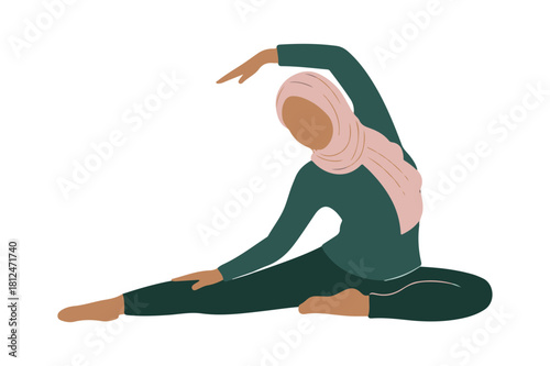 Woman in hijab practicing yoga and stretching