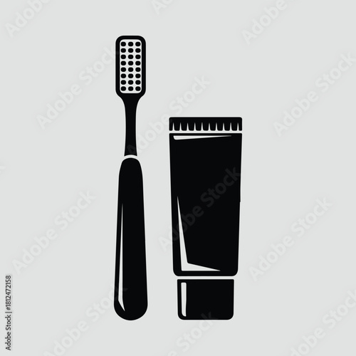 Silhouette toothbrush and toothpaste dental hygiene minimal vector illustration
