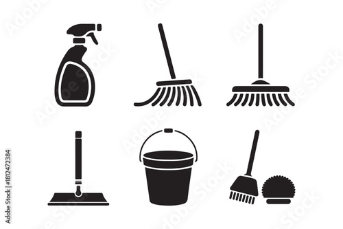 Collection of cleaning tools and supplies icons