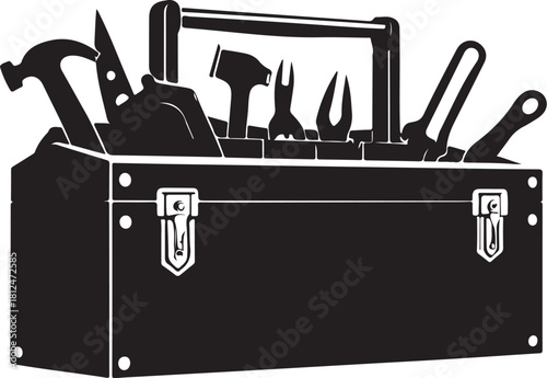 Black and white illustration of a toolbox filled with tools