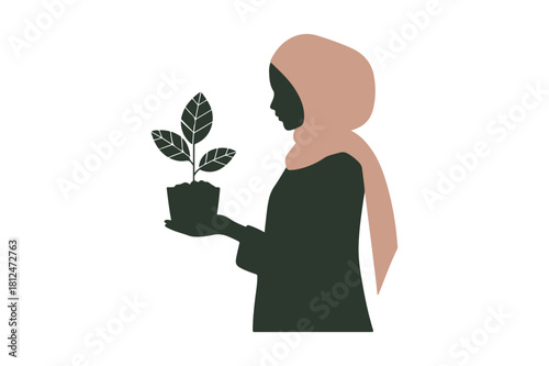 Woman in hijab tending to a potted plant symbolizing growth