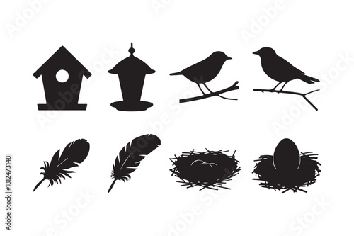 Birdhouse feeder birds nest and feathers silhouette collection