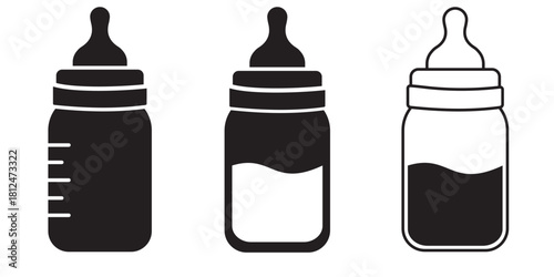 Baby milk bottle or feeding bottle icon vector set. Silhouette of  baby feeding bottle symbol. Vector illustration.