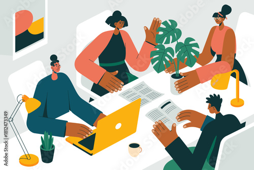 Vibrant Co-Working Space with Focused Professionals Engaged in Collaborative Work and Digital Tasks in Soft Pastel Tones