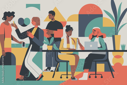 Vibrant Co-Working Space with Focused Professionals Engaged in Collaborative Work and Digital Tasks in Soft Pastel Tones