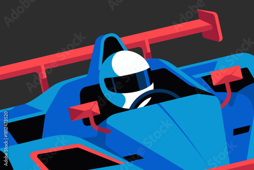 Dynamic Abstract Racing Car in Bold Red and Blue Design Accelerating on a Black Background