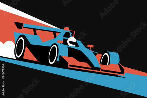 Dynamic Abstract Racing Car in Bold Red and Blue Design Accelerating on a Black Background