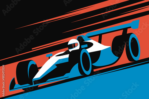 Dynamic Abstract Racing Car in Bold Red and Blue Design Accelerating on a Black Background