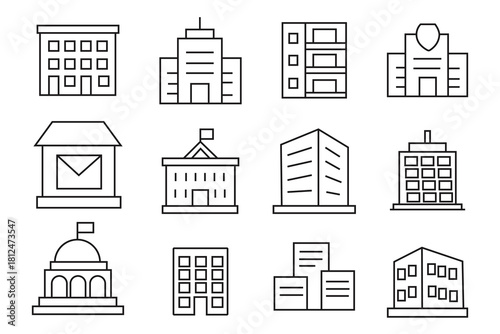 House icon vector. Set of outline buildings vector. A collection of icons of houses symbol like school, collage, hospital, bank, hotel. Vector illustration.