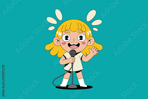 Joyful Cartoon Girl Singing with Microphone on Bright Turquoise Background