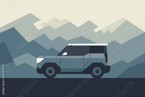 Stylish Compact SUV Set Against Minimalist Mountain Landscape in Cool Tones
