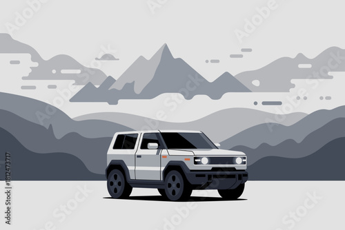 Stylish Compact SUV Set Against Minimalist Mountain Landscape in Cool Tones