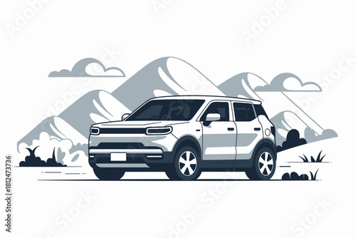 Stylish Compact SUV Set Against Minimalist Mountain Landscape in Cool Tones