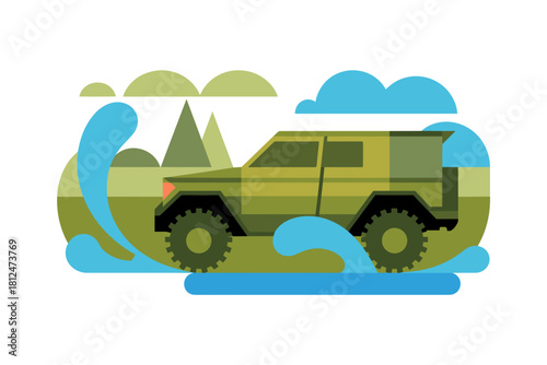 Dynamic Off-Road Adventure: Bold Green SUV Splashing Through Vibrant Muddy Terrain