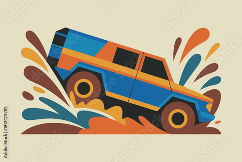 Dynamic Off-Road Adventure: Bold Green SUV Splashing Through Vibrant Muddy Terrain