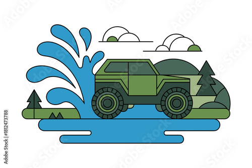 Adventure-Ready SUV Conquering Waves in Bold Blue and White Landscape