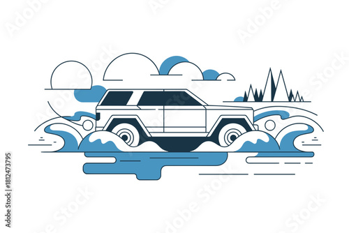 Adventure-Ready SUV Conquering Waves in Bold Blue and White Landscape