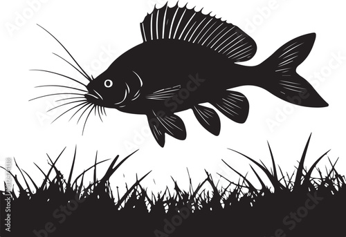 Black silhouette of a fish swimming above grass black and white