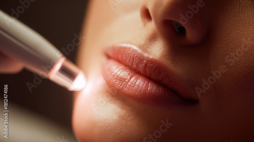 close shot of woman s lips receiving gentle laser rejuvenation warm soft light refined minimal aesthetic premium beauty clinic atmosphere high detail