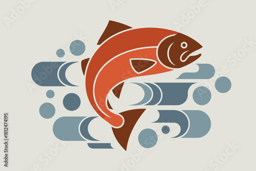Stylized Illustration of Colorful Salmon Fish Swimming in a Tranquil Aquatic Scene