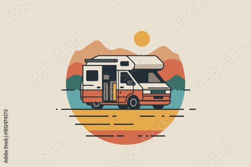 Colorful Retro RV Icon Against a Scenic Mountain Backdrop with Sunlit Sky