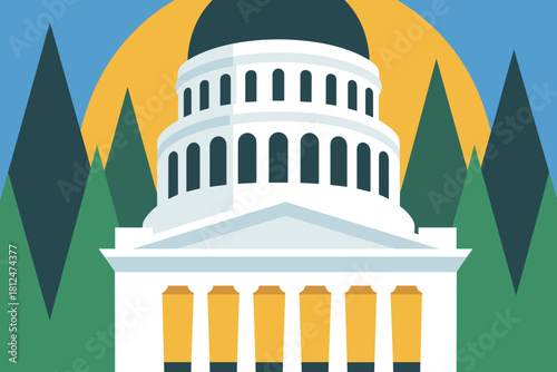 Stylized Illustration of a Historic Government Building Surrounded by Nature in Bold Colors