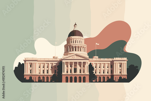 Stylized Illustration of California State Capitol with Vibrant Sunset and Mountain Silhouettes