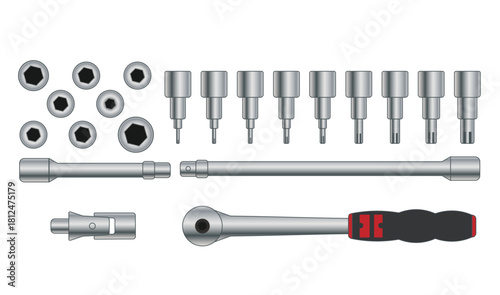 Realistic socket wrench kit + bolts – easy to edit stock illustration