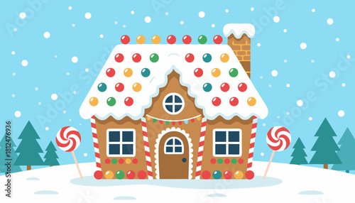 Gingerbread house decorated with candy in winter snowy landscape  