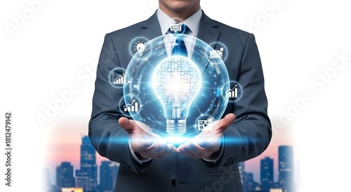 Wallpaper Mural Businessman holding glowing digital sphere with light bulb icon representing innovation, idea, and global business concept isolated on white background Torontodigital.ca