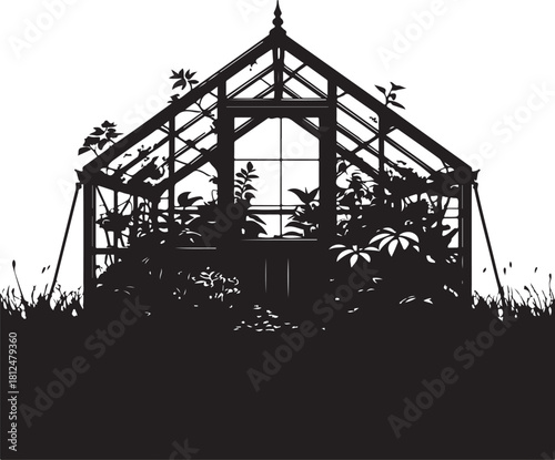 Black silhouette of a Victorian greenhouse filled with plants