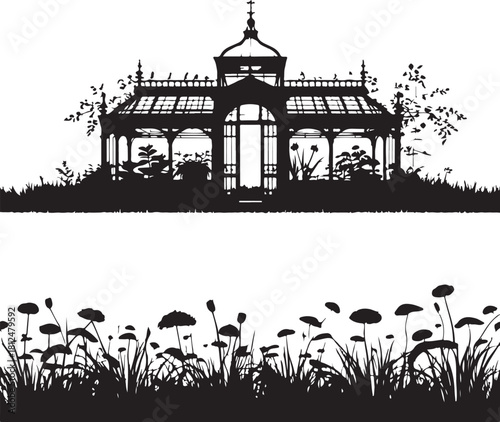 Black silhouette of Victorian greenhouse and wildflowers