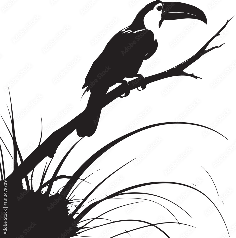 Naklejka premium Black silhouette toucan perched on a branch with grass