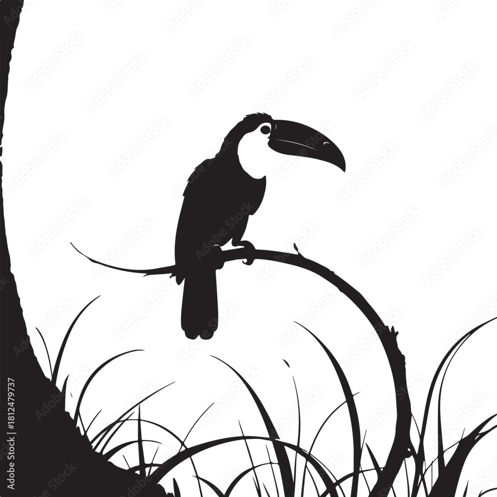 Naklejka premium Black silhouette toucan perched on a branch with grass