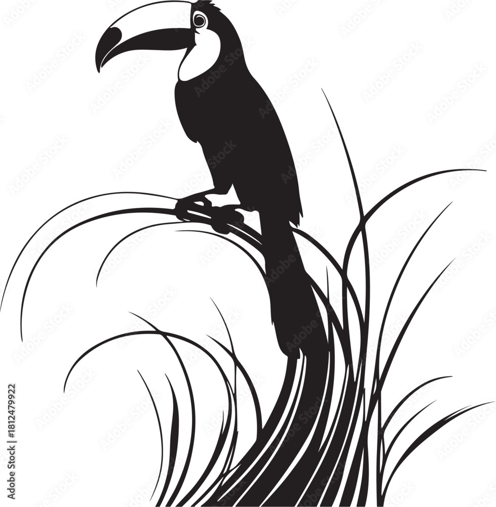 Obraz premium Black silhouette toucan perched on grass bird black and white