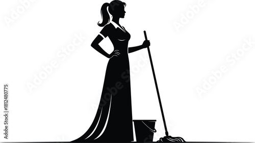 Black silhouette of a woman maid cleaning the floor with a mop and bucket, isolated on white background for housekeeping logo or service design.