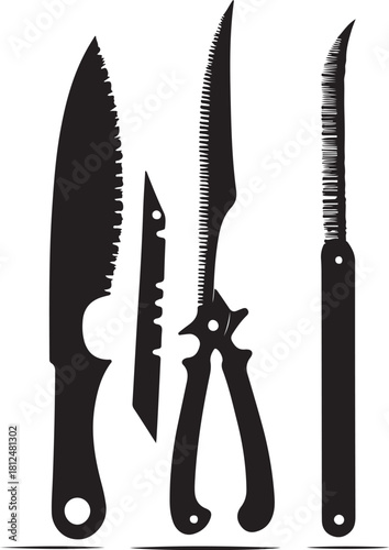 Four black silhouette knives and tools on white background