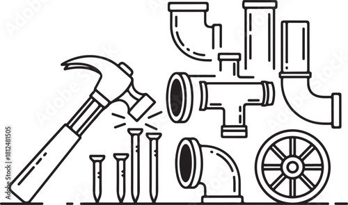 Hammer and Nails with Plumbing Pipes and Wheel Icon - Construction and Repair Tools
