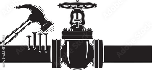 Hammer hitting nails on a pipe with a valve, industrial illustration