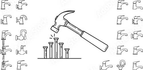 Hammer hitting nails with faucets surrounding the scene