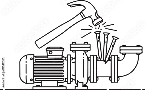 Hammer striking nails into a water pump, industrial illustration