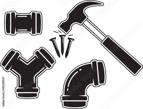 Plumbing and Construction Tools: Hammer, Nails, and Pipe Fittings