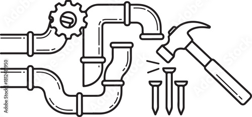 Plumbing and Construction Tools: Hammer, Nails, and Pipes Iconography